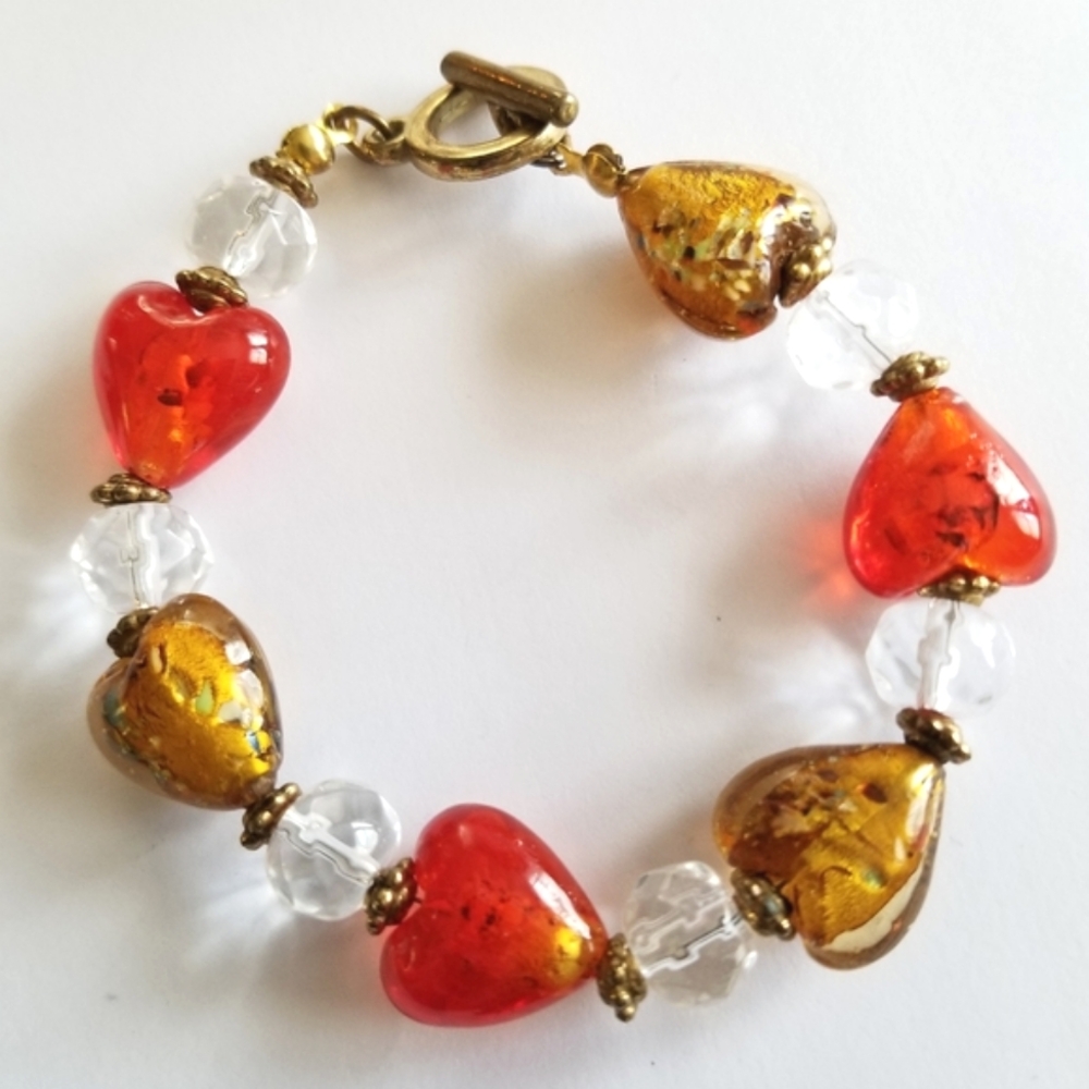 Glass hearts beaded bracelet orange amber yellow clear gold tone toggle